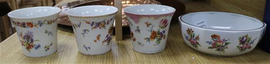 A Dresden floral bowl and three flower pots